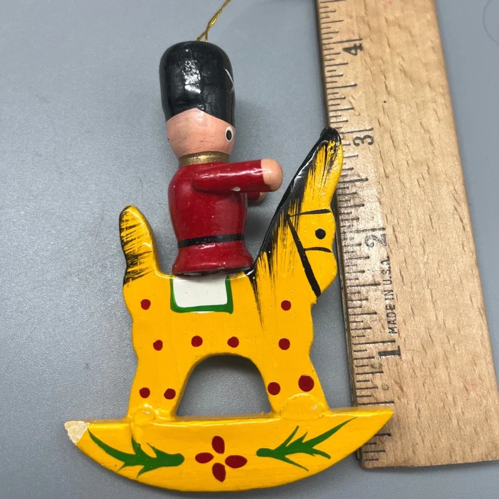 Vintage‎ Soldier on Wooden Rocking Horse Ornament Yellow Toy Pony Red